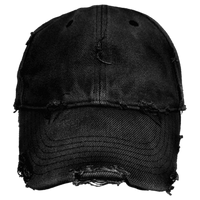 A black distressed baseball cap with frayed edges and a washed, faded texture, shown against a plain white background.